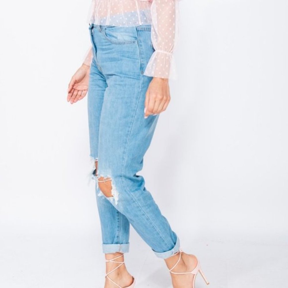 Blue High Waist Distressed Ripped Cuffed Boyfriend Jeans Denim Pants - Picture 15 of 16